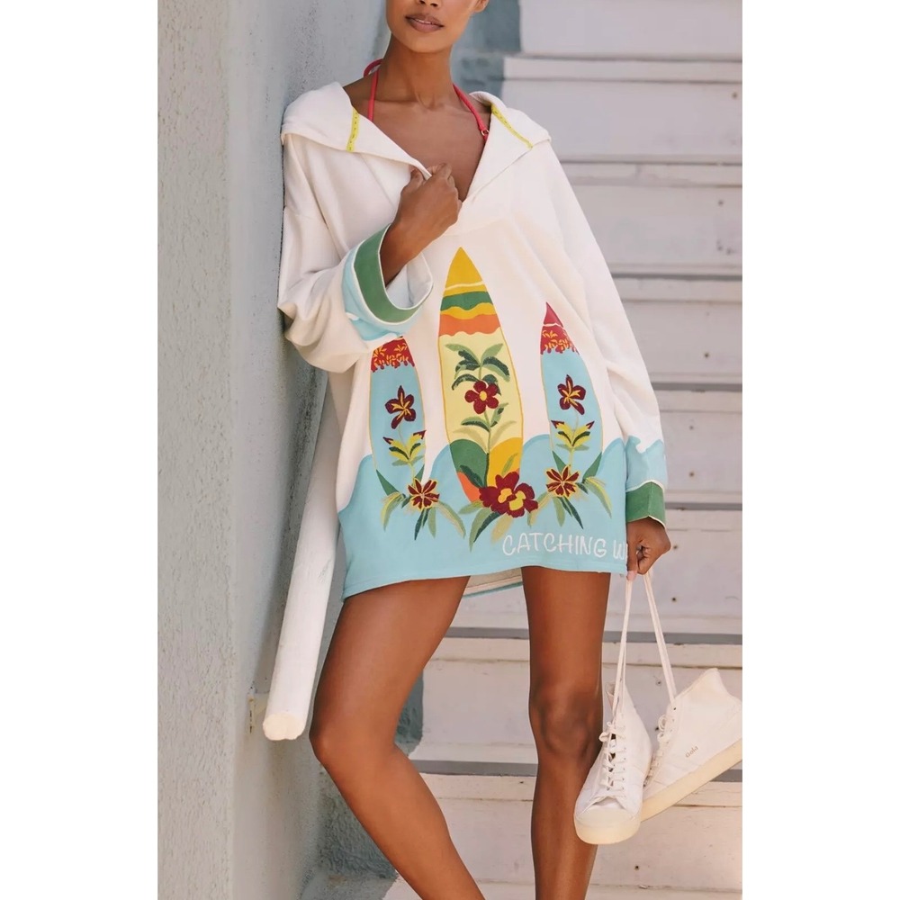 Anthropologie Celandine White Catching Waves Embroidered Surfboard Beach Hoodie